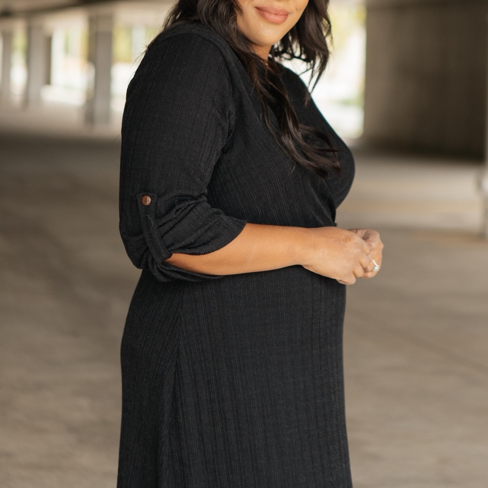 Black Ribbed Knit Midi Wrap Dress - Picture 13 of 16